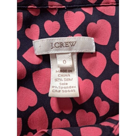 J. Crew Blouse Size 0 Silk Black Pink Button Front Pink Heart Print - Picture 9 of 9